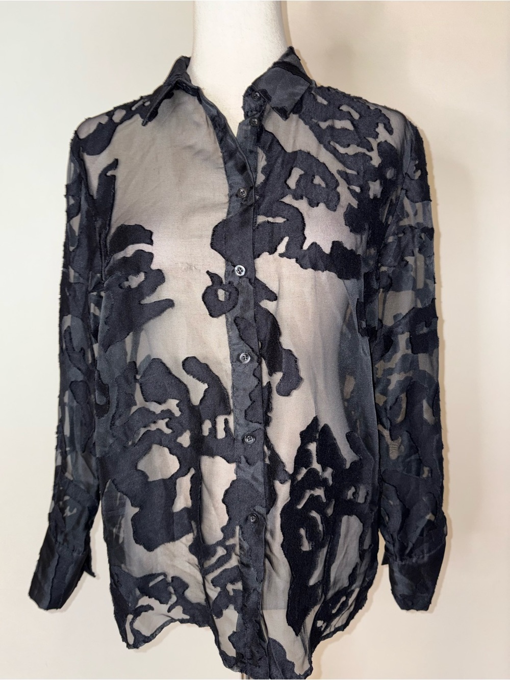 Zara Sheer Black Burnout Lace Oversized Button-Down Blouse Size S - Picture 2 of 7
